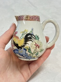 Three fine Chinese famille rose covered milk jugs and a grisaille and iron-red-decorated tea caddy with silver cover, Yongzheng/Qianlong