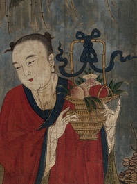 Two Chinese schools: 'Lan Caihe 蓝采和' and 'Lu Dongbin 吕洞宾', ink and colour on silk, 19th C.