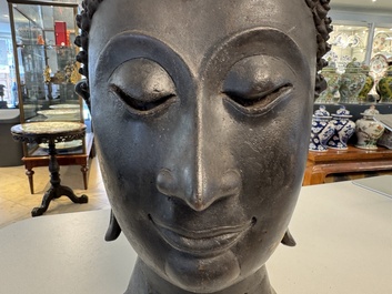 A large Thai bronze Buddha head, Sukhothai period, 15th C.