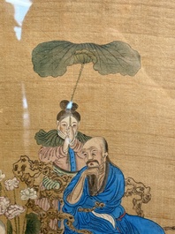 Four Chinese school paintings: &lsquo;Zhou Dunyi 周敦頤&rsquo;, &lsquo;Magu&rsquo;, and &lsquo;Ladies in a Garden&rsquo;, ink and colour on silk, 19/20th C.