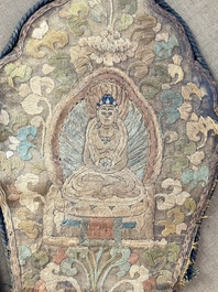 A framed Tibetan silk-embroidered four-leaf ritual crown with Transcendent Buddhas, Tibet, 18th C.