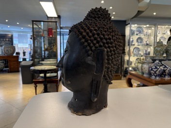 A large Thai bronze Buddha head, Sukhothai period, 15th C.