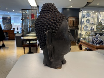 A large Thai bronze Buddha head, Sukhothai period, 15th C.