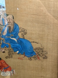 Four Chinese school paintings: &lsquo;Zhou Dunyi 周敦頤&rsquo;, &lsquo;Magu&rsquo;, and &lsquo;Ladies in a Garden&rsquo;, ink and colour on silk, 19/20th C.