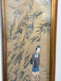 Four Chinese school paintings: &lsquo;Zhou Dunyi 周敦頤&rsquo;, &lsquo;Magu&rsquo;, and &lsquo;Ladies in a Garden&rsquo;, ink and colour on silk, 19/20th C.