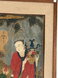 Two Chinese schools: 'Lan Caihe 蓝采和' and 'Lu Dongbin 吕洞宾', ink and colour on silk, 19th C.