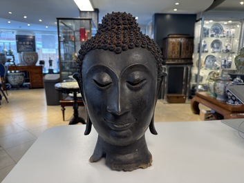 A large Thai bronze Buddha head, Sukhothai period, 15th C.