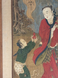 Two Chinese schools: 'Lan Caihe 蓝采和' and 'Lu Dongbin 吕洞宾', ink and colour on silk, 19th C.