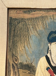 Two Chinese schools: 'Lan Caihe 蓝采和' and 'Lu Dongbin 吕洞宾', ink and colour on silk, 19th C.