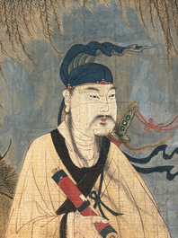 Two Chinese schools: 'Lan Caihe 蓝采和' and 'Lu Dongbin 吕洞宾', ink and colour on silk, 19th C.