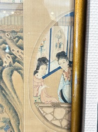 Four Chinese school paintings: &lsquo;Zhou Dunyi 周敦頤&rsquo;, &lsquo;Magu&rsquo;, and &lsquo;Ladies in a Garden&rsquo;, ink and colour on silk, 19/20th C.