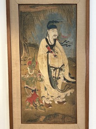 Two Chinese schools: 'Lan Caihe 蓝采和' and 'Lu Dongbin 吕洞宾', ink and colour on silk, 19th C.