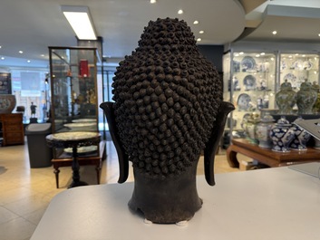 A large Thai bronze Buddha head, Sukhothai period, 15th C.