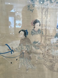 Four Chinese school paintings: &lsquo;Zhou Dunyi 周敦頤&rsquo;, &lsquo;Magu&rsquo;, and &lsquo;Ladies in a Garden&rsquo;, ink and colour on silk, 19/20th C.