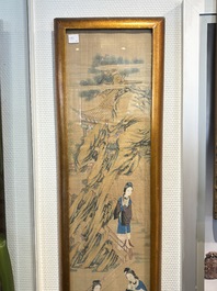 Four Chinese school paintings: &lsquo;Zhou Dunyi 周敦頤&rsquo;, &lsquo;Magu&rsquo;, and &lsquo;Ladies in a Garden&rsquo;, ink and colour on silk, 19/20th C.