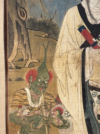 Two Chinese schools: 'Lan Caihe 蓝采和' and 'Lu Dongbin 吕洞宾', ink and colour on silk, 19th C.