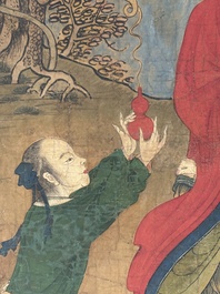 Two Chinese schools: 'Lan Caihe 蓝采和' and 'Lu Dongbin 吕洞宾', ink and colour on silk, 19th C.