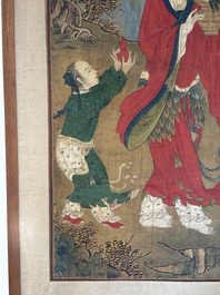 Two Chinese schools: 'Lan Caihe 蓝采和' and 'Lu Dongbin 吕洞宾', ink and colour on silk, 19th C.