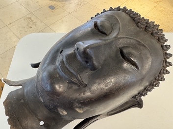 A large Thai bronze Buddha head, Sukhothai period, 15th C.