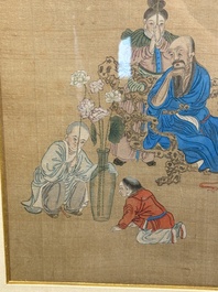 Four Chinese school paintings: &lsquo;Zhou Dunyi 周敦頤&rsquo;, &lsquo;Magu&rsquo;, and &lsquo;Ladies in a Garden&rsquo;, ink and colour on silk, 19/20th C.