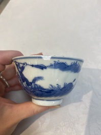 A set of 11 Chinese blue and white 'rabbit hunt' cups and saucers, Qianlong mark, 19th C.