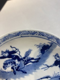 A set of 11 Chinese blue and white 'rabbit hunt' cups and saucers, Qianlong mark, 19th C.