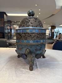 A large Chinese cloisonn&eacute; tripod censer and cover, 19th C.