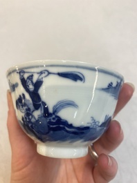 A set of 11 Chinese blue and white 'rabbit hunt' cups and saucers, Qianlong mark, 19th C.