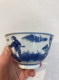 A set of 11 Chinese blue and white 'rabbit hunt' cups and saucers, Qianlong mark, 19th C.