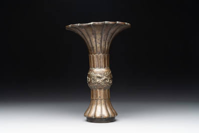 A Chinese bronze 'gu' vase with chilong, Xuande mark, late Ming/early Qing