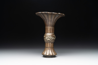 A Chinese bronze 'gu' vase with chilong, Xuande mark, late Ming/early Qing