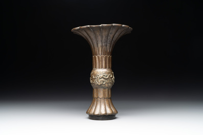 A Chinese bronze 'gu' vase with chilong, Xuande mark, late Ming/early Qing