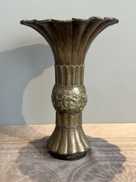A Chinese bronze 'gu' vase with chilong, Xuande mark, late Ming/early Qing