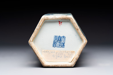 A Chinese doucai gilt-decorated 'Eight Immortals' openworked hexagonal hat stand, Yongzheng mark, 19th C.