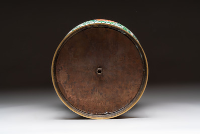 A Chinese wucai 'He He Er Xian' vase on gilt-bronze stand, 19th C.