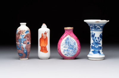 Three Chinese snuff bottles and a miniature vase, Kangxi and Qianlong marks, Kangxi and later