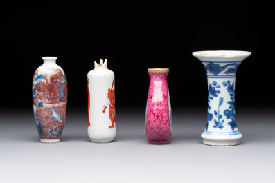 Three Chinese snuff bottles and a miniature vase, Kangxi and Qianlong marks, Kangxi and later