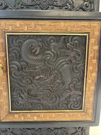 A Chinese zitan cabinet of curiosities with five-clawed dragons, 19/20th C.