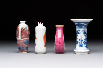Three Chinese snuff bottles and a miniature vase, Kangxi and Qianlong marks, Kangxi and later