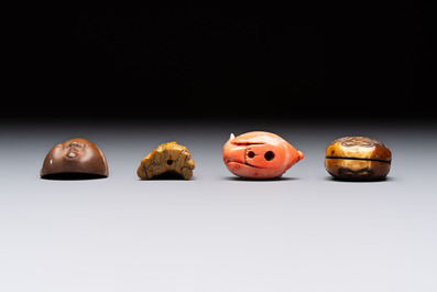 Nine various Japanese netsuke, an inro, a tsuba, a yatate, a bamboo kiseruzutsu and a covered bronze box, Edo/Meiji, 19th C.