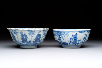 Two Chinese blue and white 'Xi Xiang Ji' and 'Eight Immortals' bowls, Ruo Shen Zhen Cang 若深珍藏 mark, Yongzheng and later