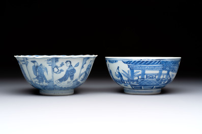 Two Chinese blue and white 'Xi Xiang Ji' and 'Eight Immortals' bowls, Ruo Shen Zhen Cang 若深珍藏 mark, Yongzheng and later