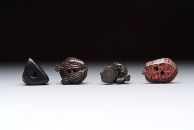 Nine various Japanese netsuke, an inro, a tsuba, a yatate, a bamboo kiseruzutsu and a covered bronze box, Edo/Meiji, 19th C.