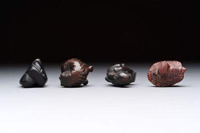 Nine various Japanese netsuke, an inro, a tsuba, a yatate, a bamboo kiseruzutsu and a covered bronze box, Edo/Meiji, 19th C.