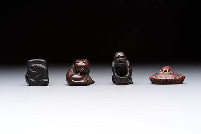 Nine various Japanese netsuke, an inro, a tsuba, a yatate, a bamboo kiseruzutsu and a covered bronze box, Edo/Meiji, 19th C.