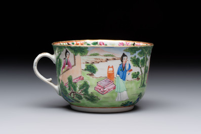 A rare Chinese Canton famille rose inscribed cup and saucer, Daoguang mark and of the period