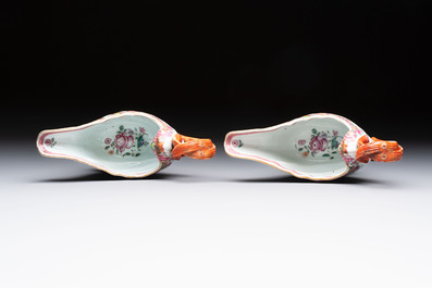 A pair of Chinese famille rose sauceboats and stands with floral design, Qianlong