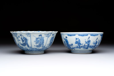 Two Chinese blue and white 'Xi Xiang Ji' and 'Eight Immortals' bowls, Ruo Shen Zhen Cang 若深珍藏 mark, Yongzheng and later