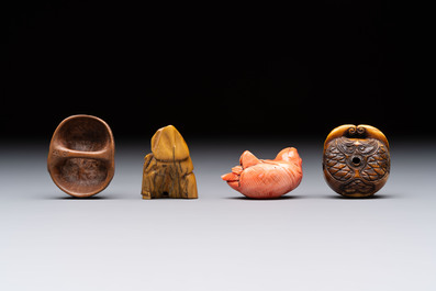 Nine various Japanese netsuke, an inro, a tsuba, a yatate, a bamboo kiseruzutsu and a covered bronze box, Edo/Meiji, 19th C.