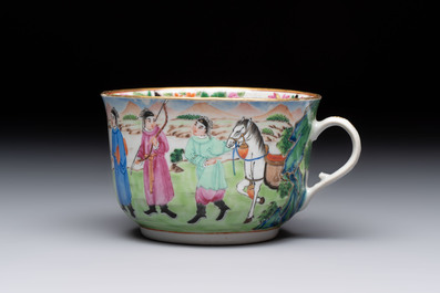 A rare Chinese Canton famille rose inscribed cup and saucer, Daoguang mark and of the period